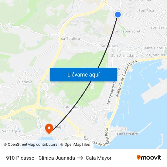 910-Picasso - Clínica Juaneda to Cala Mayor map