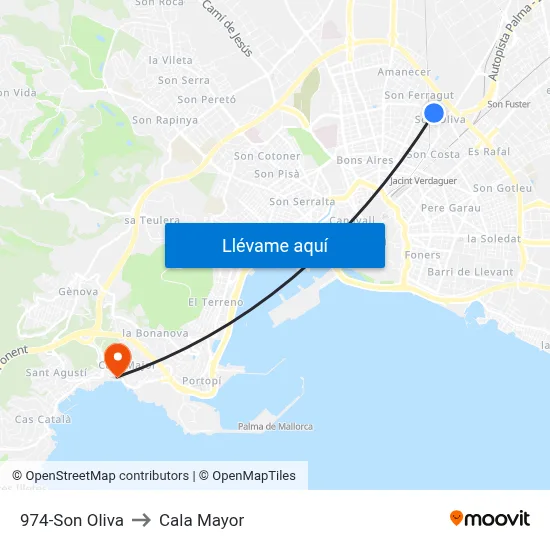 974-Son Oliva to Cala Mayor map