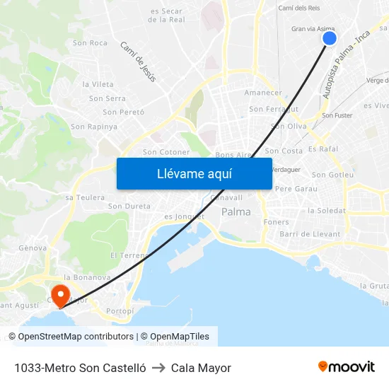 1033-Metro Son Castelló to Cala Mayor map
