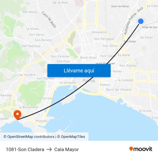 1081-Son Cladera to Cala Mayor map