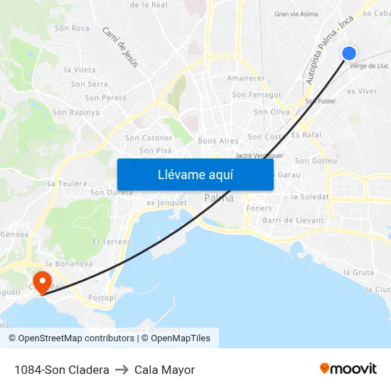 1084-Son Cladera to Cala Mayor map