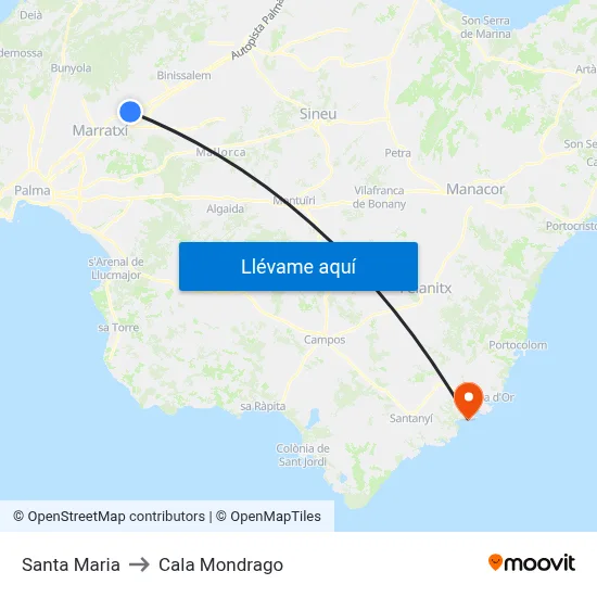 Santa Maria to Cala Mondrago map