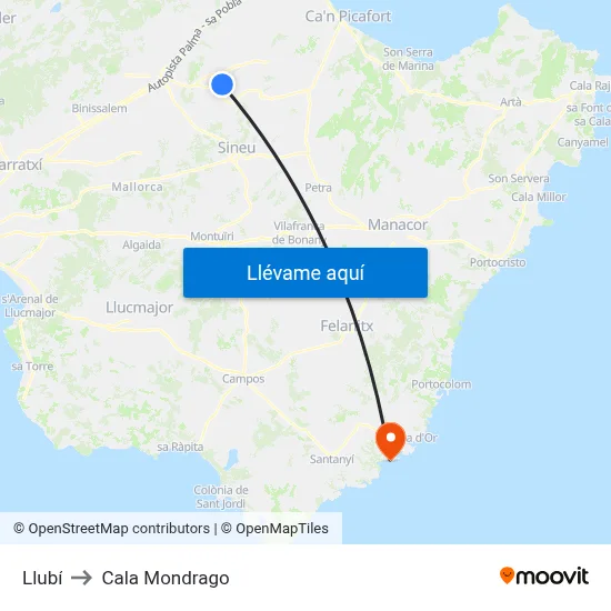 Llubí to Cala Mondrago map