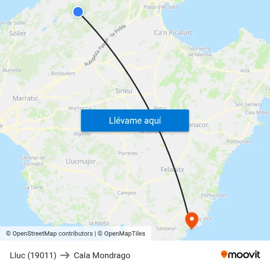 Lluc (19011) to Cala Mondrago map