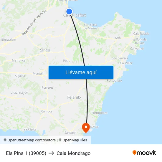Els Pins 1 (39005) to Cala Mondrago map