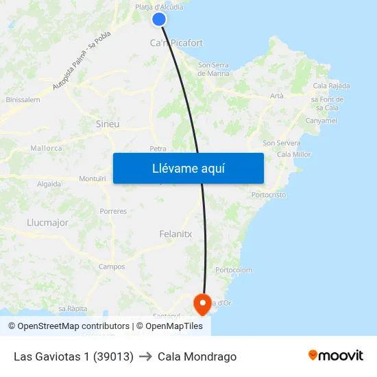 Las Gaviotas 1 (39013) to Cala Mondrago map