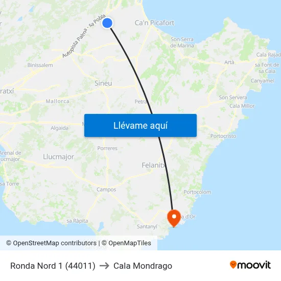 Ronda Nord 1 (44011) to Cala Mondrago map