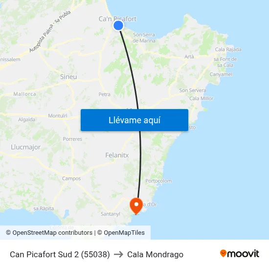 Can Picafort Sud 2 (55038) to Cala Mondrago map