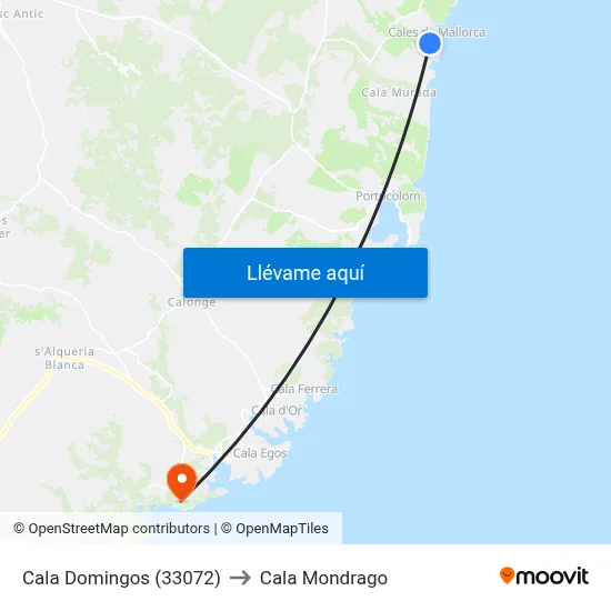 Cala Domingos (33072) to Cala Mondrago map