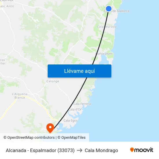 Alcanada - Espalmador (33073) to Cala Mondrago map