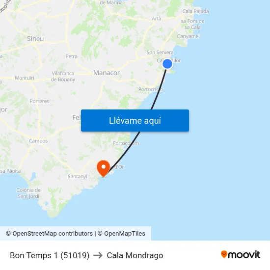 Bon Temps 1 (51019) to Cala Mondrago map