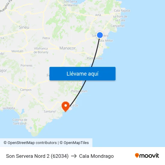Son Servera Nord 2 (62034) to Cala Mondrago map