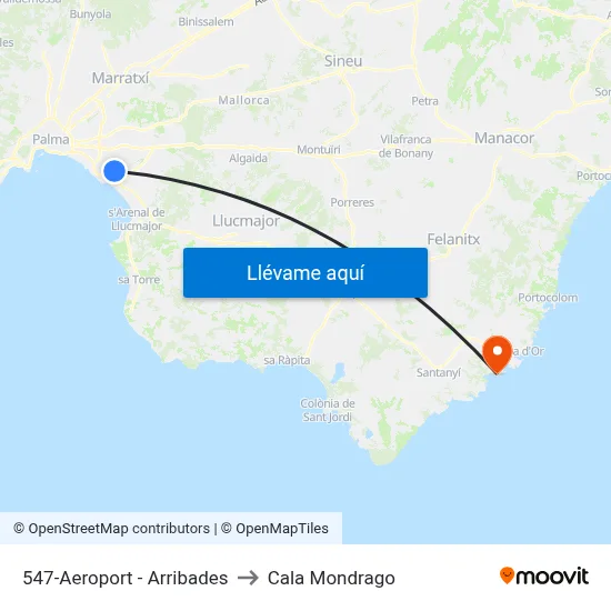 547-Aeroport - Arribades to Cala Mondrago map