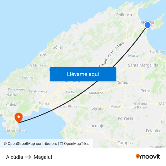 Alcúdia to Magaluf map