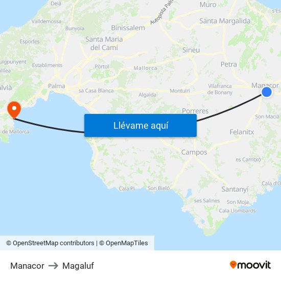 Manacor to Magaluf map