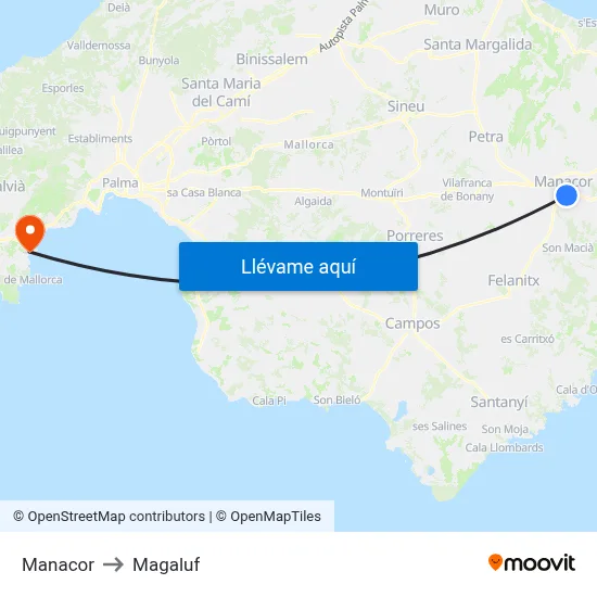 Manacor to Magaluf map