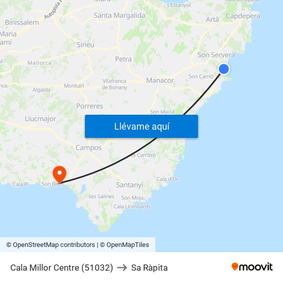 Cala Millor Centre (51032) to Sa Ràpita map