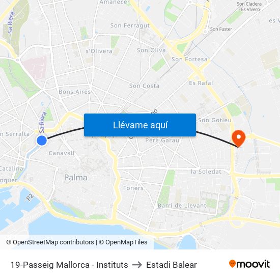 19-Passeig Mallorca - Instituts to Estadi Balear map