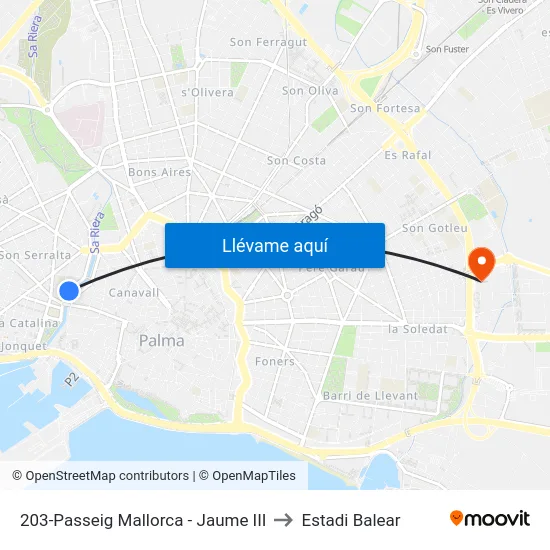 203-Passeig Mallorca - Jaume III to Estadi Balear map