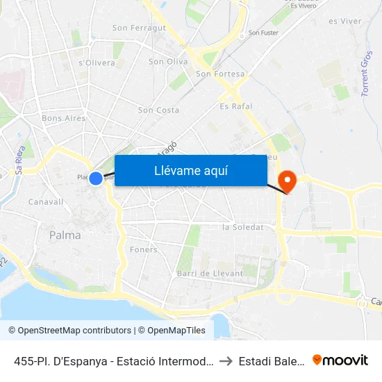 455-Pl. D'Espanya - Estació Intermodal to Estadi Balear map