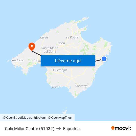 Cala Millor Centre (51032) to Esporles map