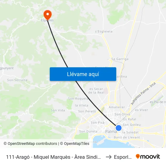 111-Aragó - Miquel Marquès - Àrea Sindicat to Esporles map