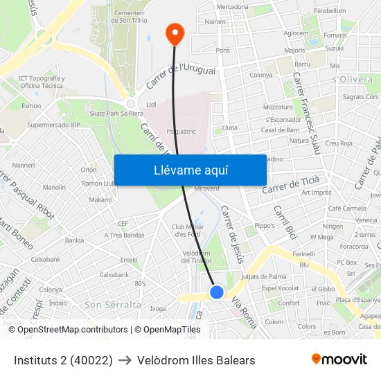 Instituts 2 (40022) to Velòdrom Illes Balears map