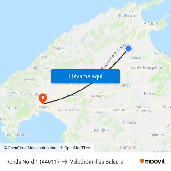 Ronda Nord 1 (44011) to Velòdrom Illes Balears map