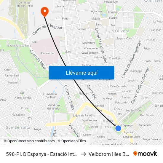 598-Pl. D'Espanya - Estació Intermodal to Velòdrom Illes Balears map