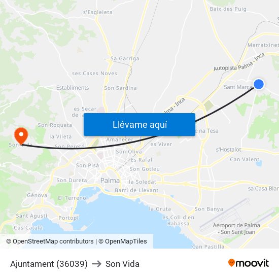 Ajuntament (36039) to Son Vida map