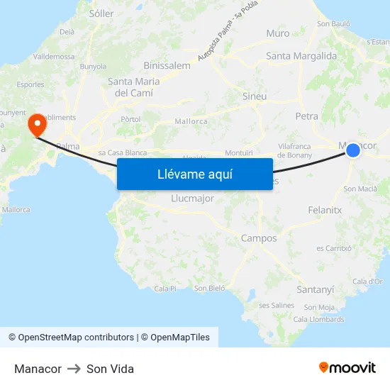 Manacor to Son Vida map