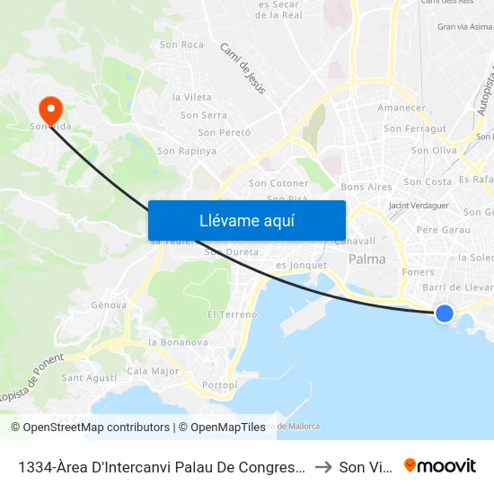 1334-Àrea D'Intercanvi Palau De Congressos to Son Vida map