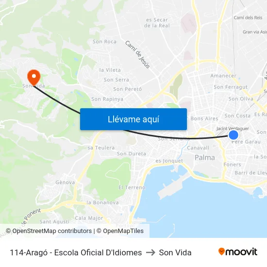 114-Aragó - Escola Oficial D'Idiomes to Son Vida map