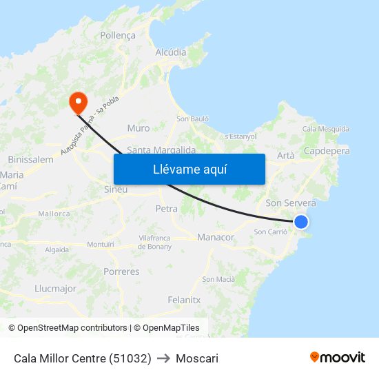 Cala Millor Centre (51032) to Moscari map