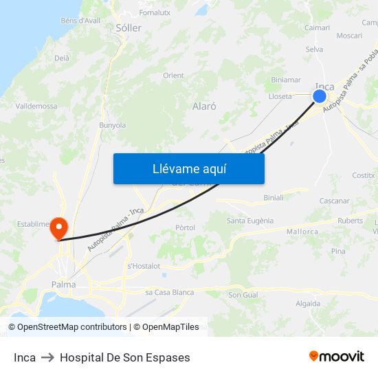 Inca to Hospital De Son Espases map