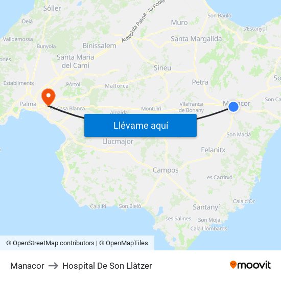 Manacor to Hospital De Son Llàtzer map