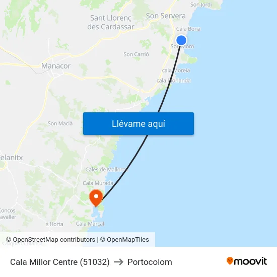 Cala Millor Centre (51032) to Portocolom map