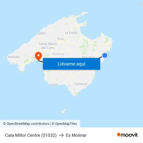 Cala Millor Centre (51032) to Es Molinar map