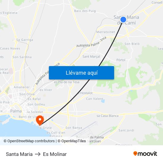 Santa Maria to Es Molinar map