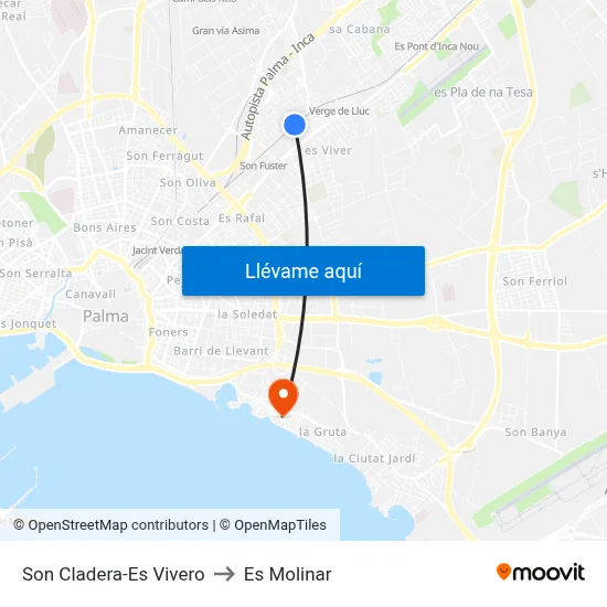 Son Cladera-Es Vivero to Es Molinar map