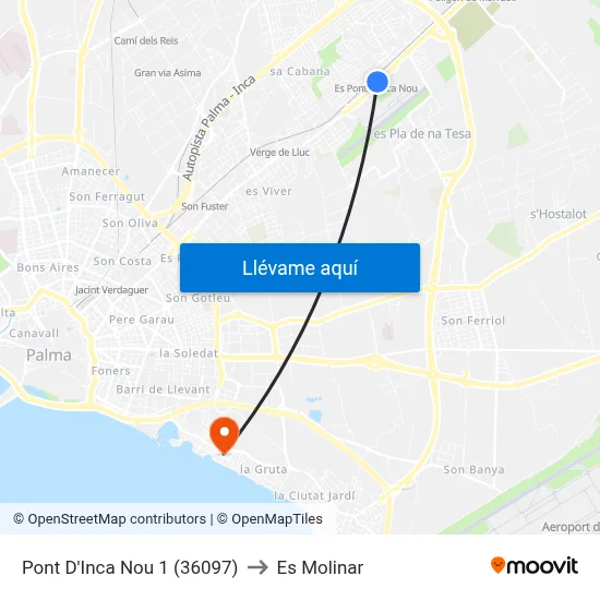 Pont D'Inca Nou 1 (36097) to Es Molinar map
