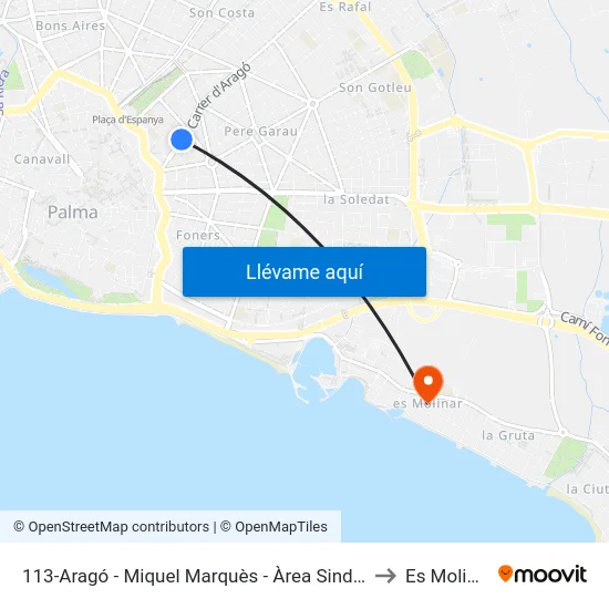 113-Aragó - Miquel Marquès - Àrea Sindicat to Es Molinar map