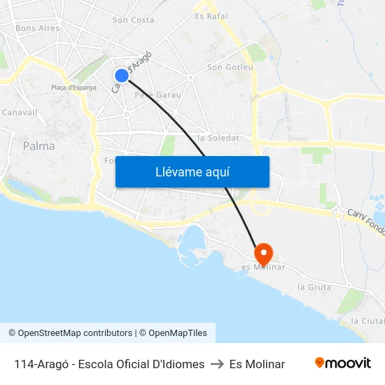 114-Aragó - Escola Oficial D'Idiomes to Es Molinar map