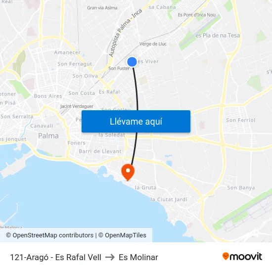 121-Aragó - Es Rafal Vell to Es Molinar map