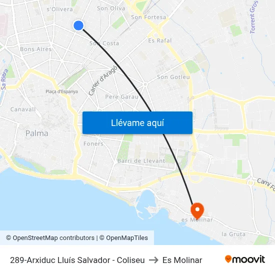 289-Arxiduc Lluís Salvador - Coliseu to Es Molinar map