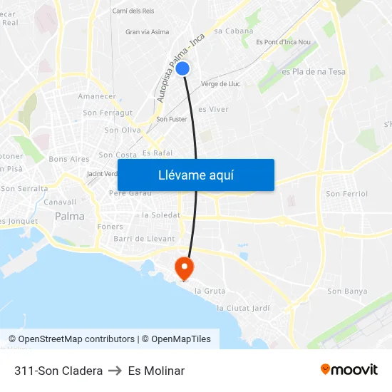 311-Son Cladera to Es Molinar map