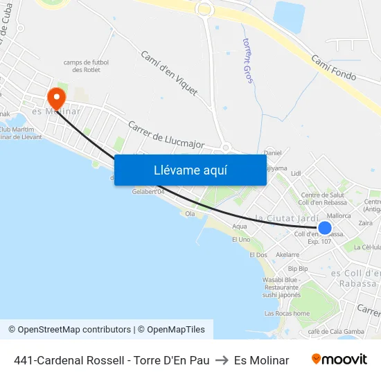 441-Cardenal Rossell - Torre D'En Pau to Es Molinar map