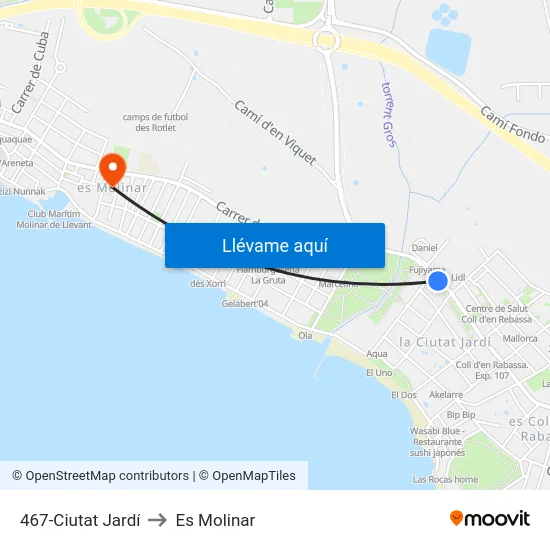 467-Ciutat Jardí to Es Molinar map