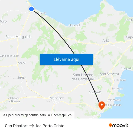 Can Picafort to Ies Porto Cristo map