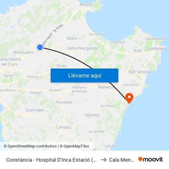Constància - Hospital D'Inca Estació (225) to Cala Mendia map